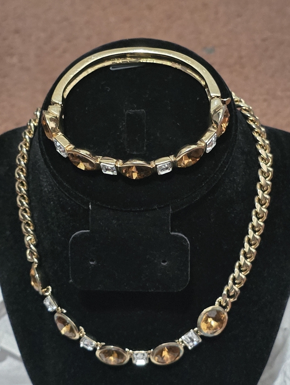 Preloved Givenchy Gold-Tone Brown Crystal Necklace and Bracelet Set